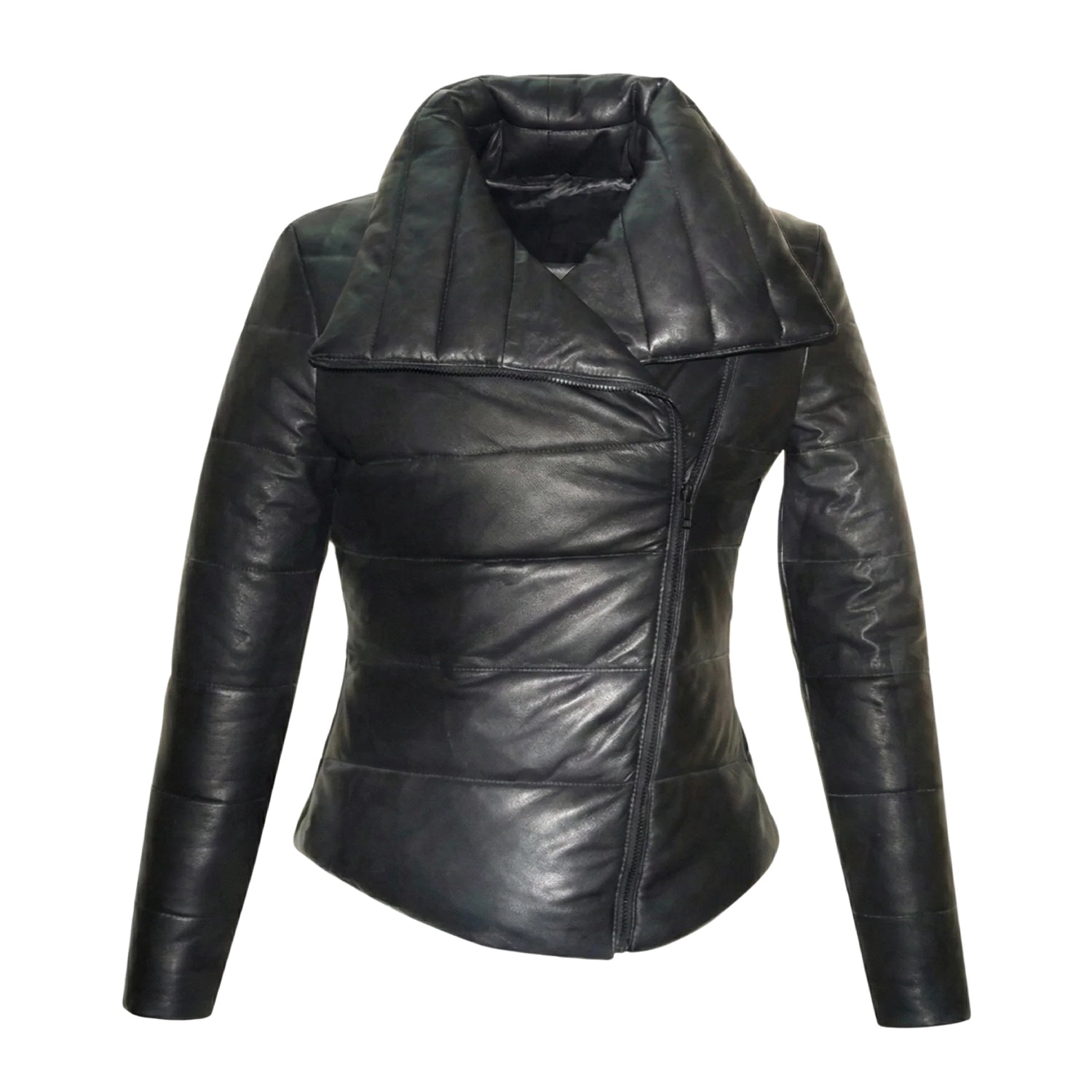 Women's Quilted Side Zippers Black Puffer Jacket