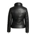 Women's Quilted Side Zippers Black Puffer Jacket (Back)