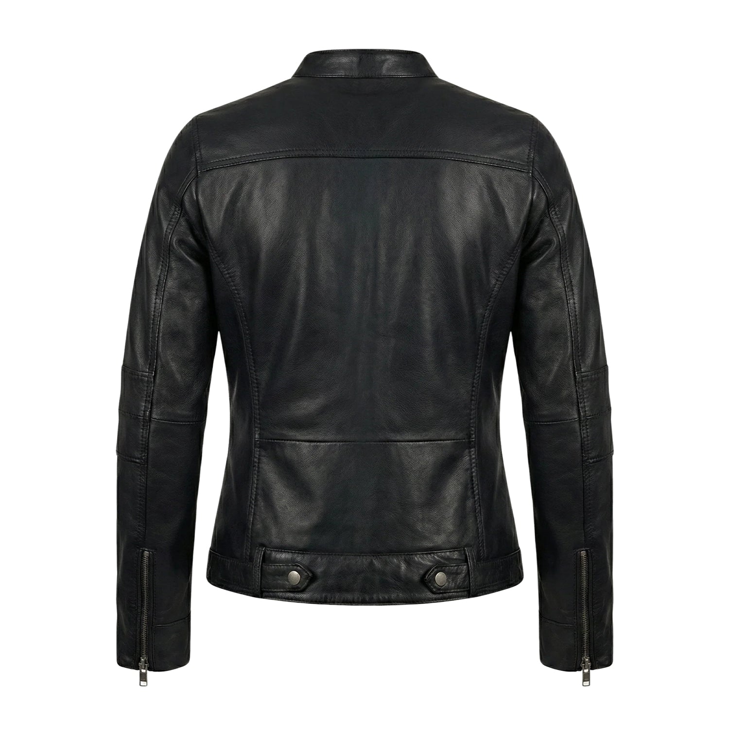 Women's Zip-Up Closure Biker Black Leather Jacket (Back)