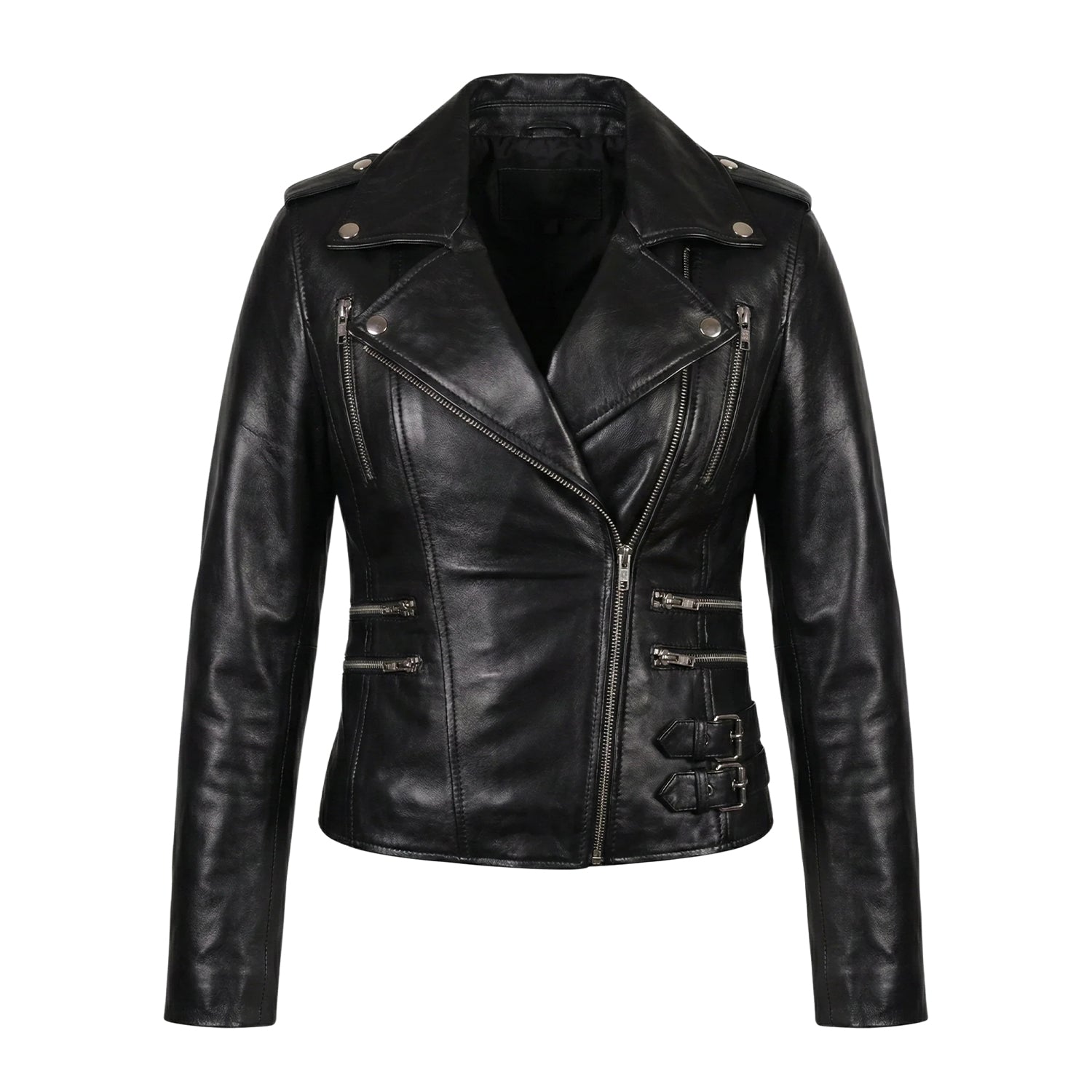 Women' Biker Zip-Up Closure Black Leather Jacket