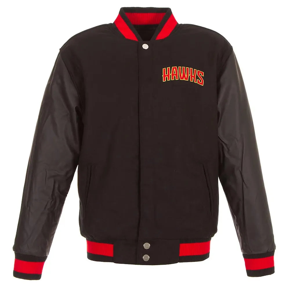 Men Atlanta Hawks Varsity Black Wool Leather Jacket - NBA
