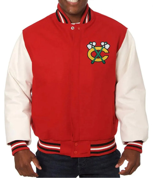 Men Chicago Black hawks Red and White Two Tone Varsity Jacket - NHL