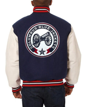 Men Columbus Blue Jackets White Leather and Wool Blue Jacket - NHL