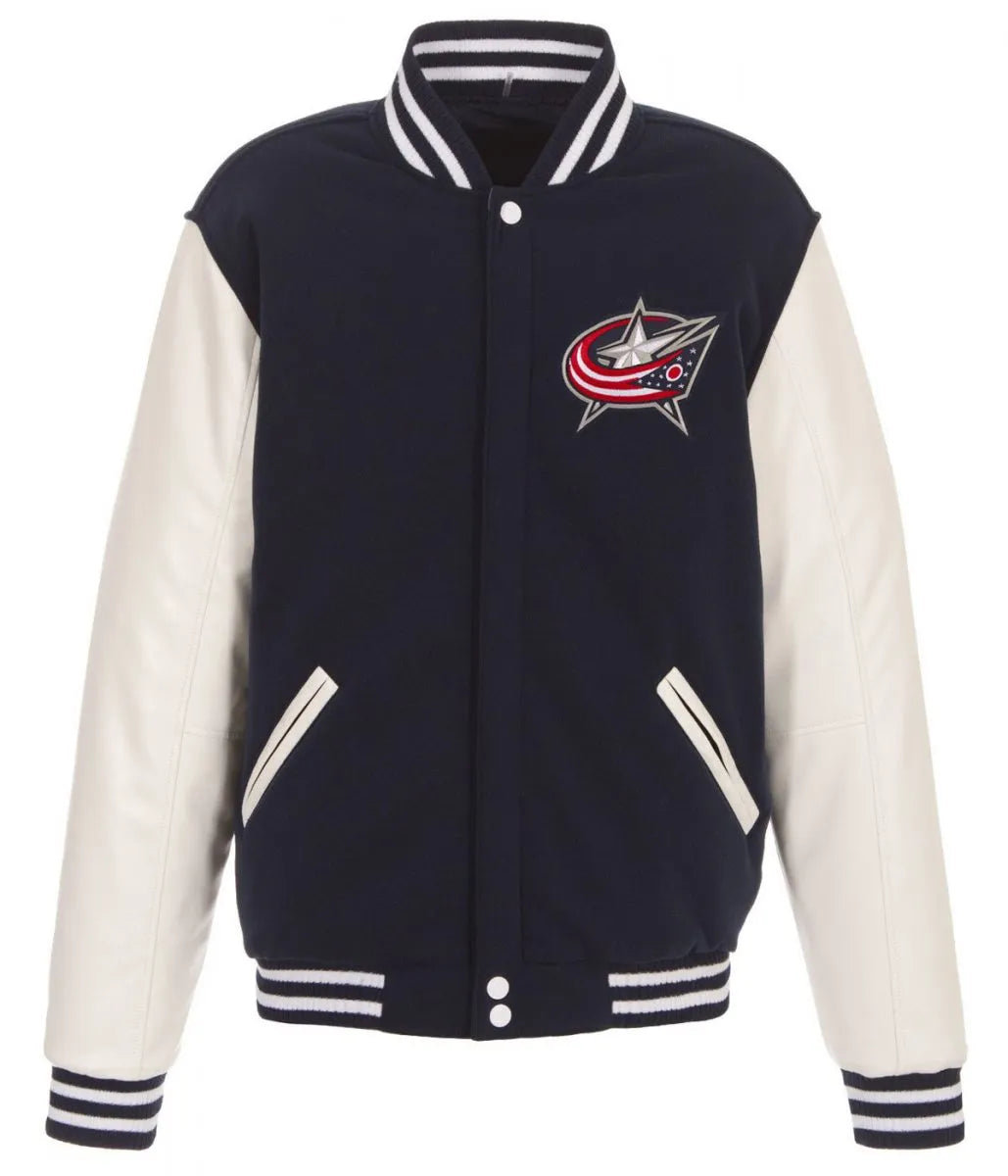 Men Columbus Blue Jackets Bomber Varsity Blue and White Jacket - NHL