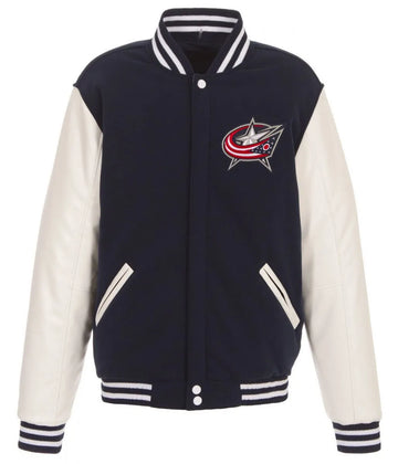 Men Columbus Blue Jackets Bomber Varsity Blue and White Jacket - NHL