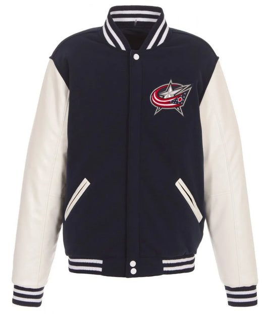 Men Columbus Blue Jackets Bomber Varsity Blue and White Jacket - NHL
