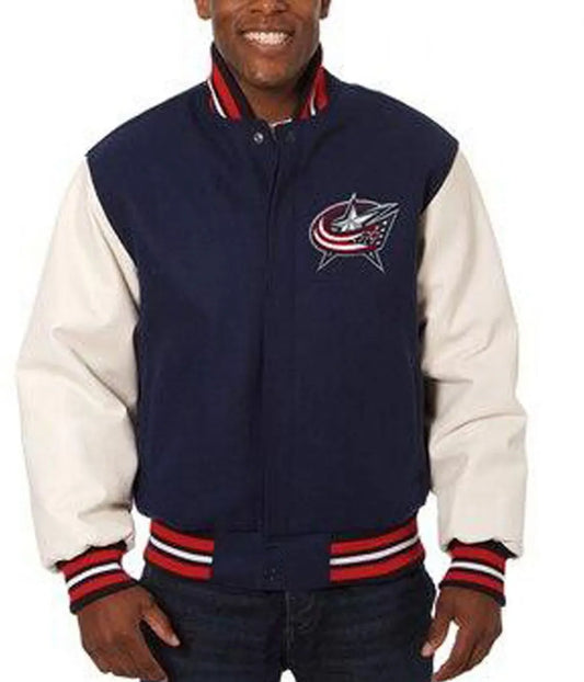 Men Columbus Blue Jackets White Leather and Wool Blue Jacket - NHL
