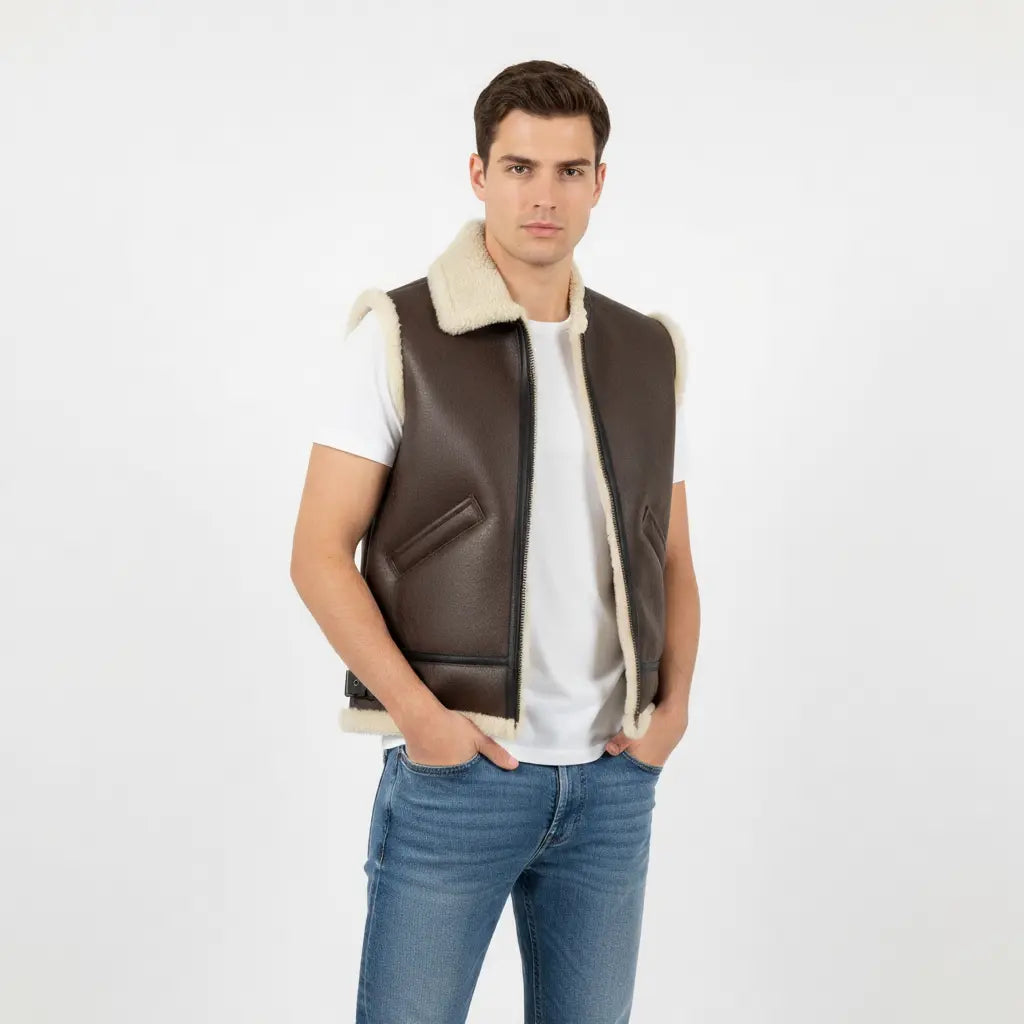 Men’s Brown Shearling RAF B3 Leather Vest