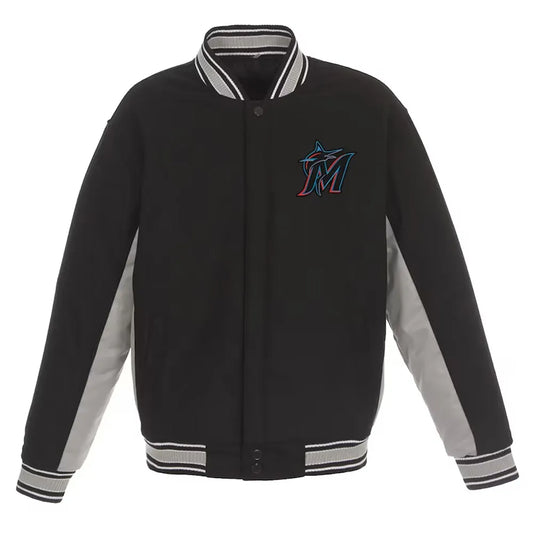 Men Miami Marlins Accent Varsity Black Wool Jacket - MLB
