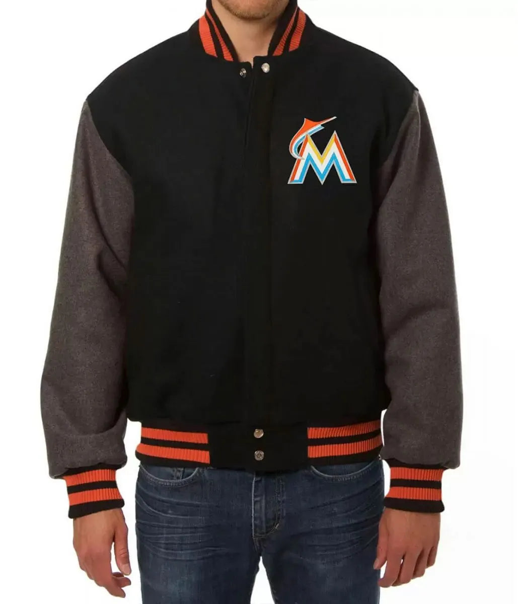 Men Miami Marlins Black and Grey Wool Varsity Jacket - MLB