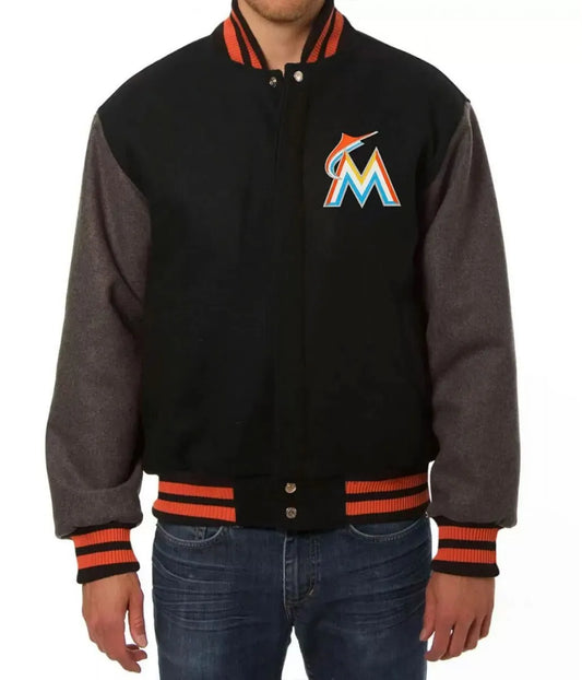 Men Miami Marlins Black and Grey Wool Varsity Jacket - MLB