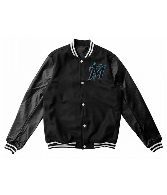 Men Miami Marlins Black Wool Leather Varsity Jacket - MLB