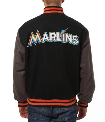 Men Miami Marlins Black and Grey Wool Varsity Jacket - MLB