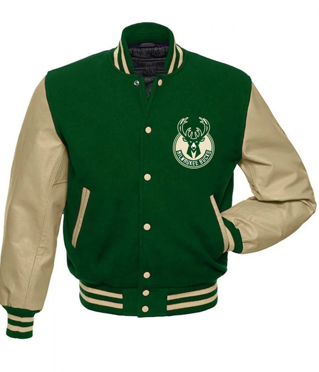 Men Milwaukee Bucks Letterman Beige and Green Jacket - NBA