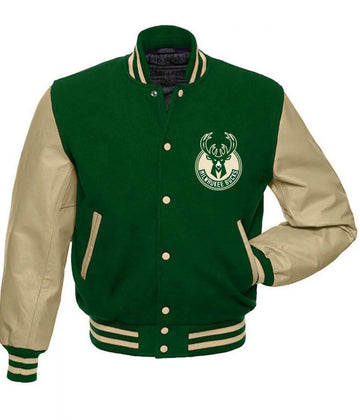 Men Milwaukee Bucks Letterman Beige and Green Jacket - NBA