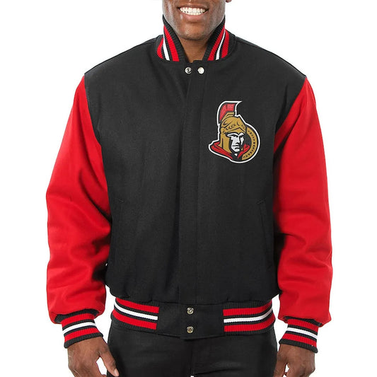 Men Black Red Ottawa Senators Varsity Wool Jacket - NHL