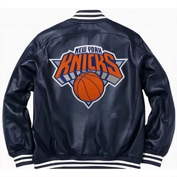 Men Letterman New York Knicks Black & Red Genuine Sheep Leather Varsity Jacket - NBA