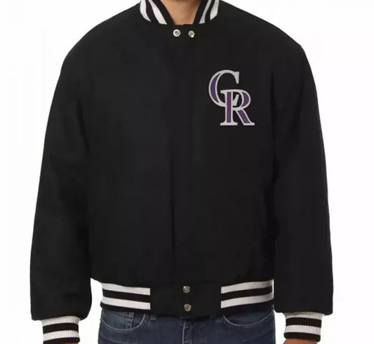 Men Letterman Colorado Rockies Black All Wool Varsity Jacket - MLB