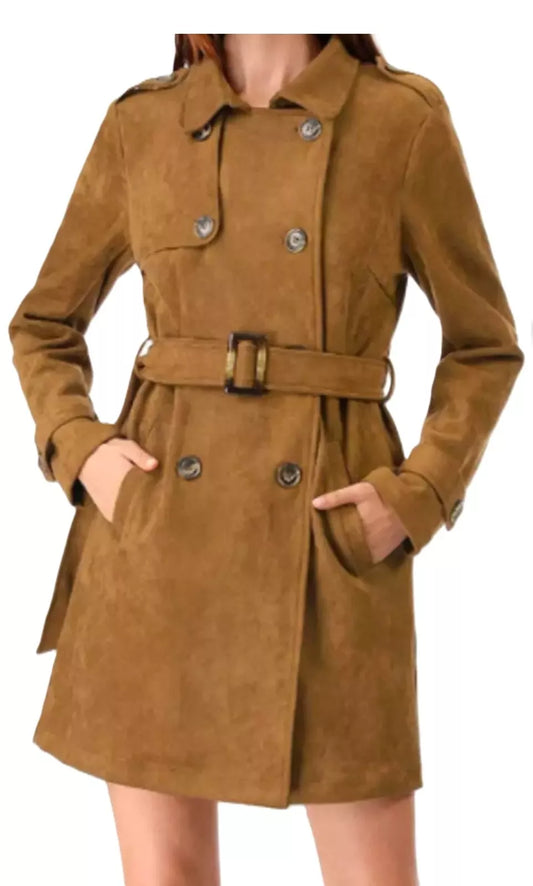 Women's 100% Pure Suede Leather Brown Trench Coat Soft Suede Coat Winter Jacket