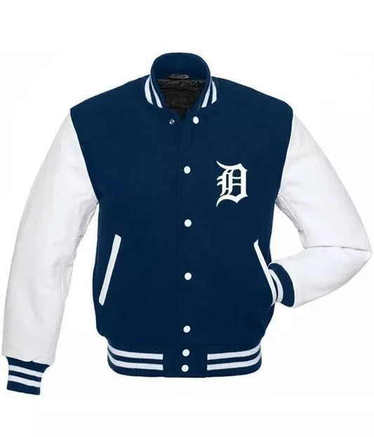 Men Letterman Detroit Tigers Blue and White Varsity Jacket with Leather sleeves - MLB