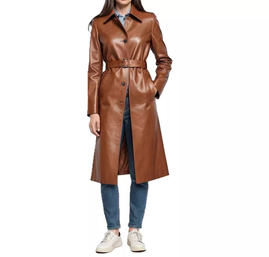Women Brown Leather Trench Coat 100% Real Lambskin Soft Leather Long Coat Jacket
