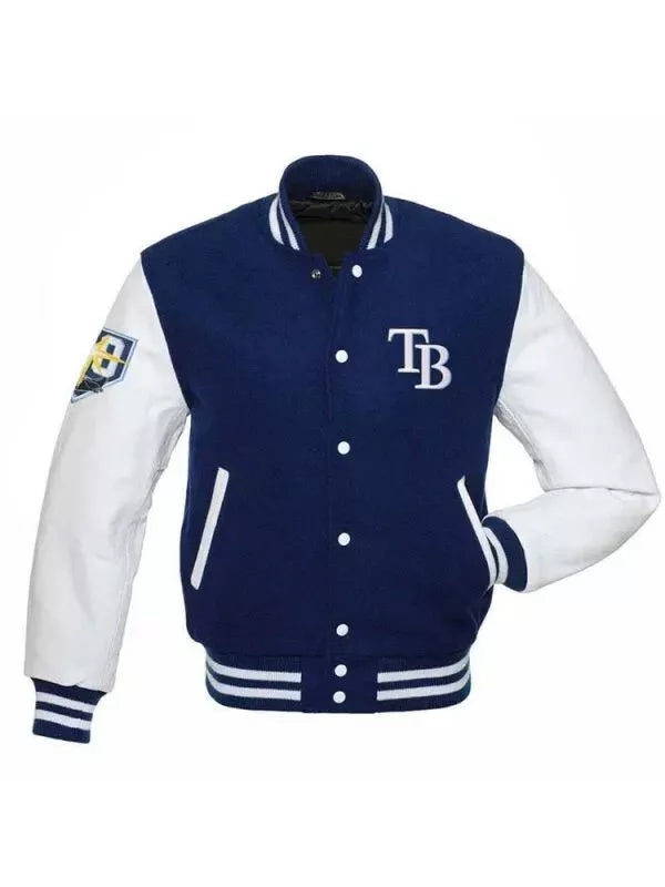 Tampa Bay Rays Blue and White Varsity Jacket with Leather Sleeves - MLB