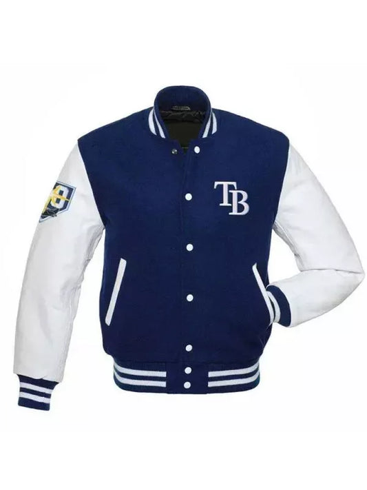 Tampa Bay Rays Blue and White Varsity Jacket with Leather Sleeves - MLB