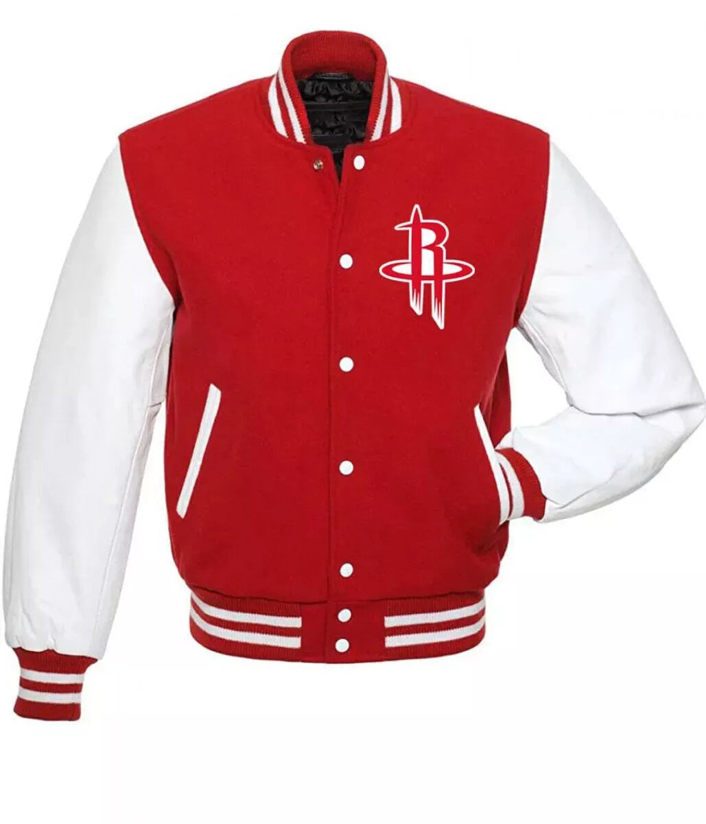 Letterman Houston Rockets Varsity Jacket Red Wool & White Genuine Leather Sleeve - NBA