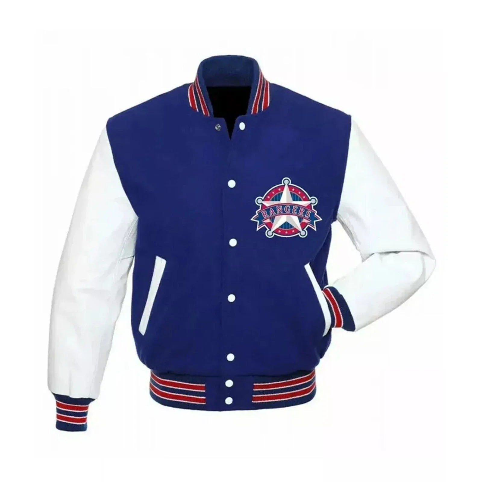 Men New Texas Rangers Letterman Varsity Jacket - Blue & White with Leather Sleeves - MLB