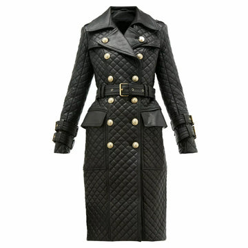 Women Leather Trench Coat Double Breasted Leather Dress Quilted Steam Punk Dress
