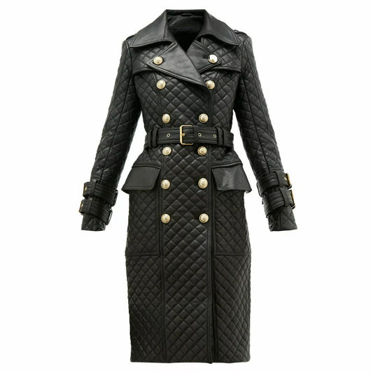 Women Leather Trench Coat Double Breasted Leather Dress Quilted Steam Punk Dress