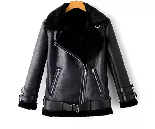 Women Leather Jacket  Bomber Aviator Flying Shearling Bomber Jacket