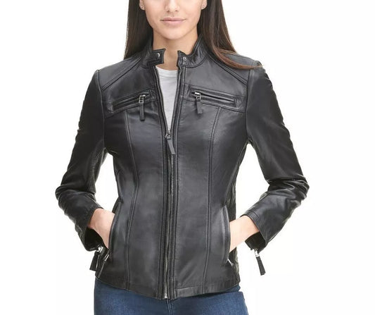 Leather Jacket Women Biker Motorcycle Women Soft Fit Size Real Black