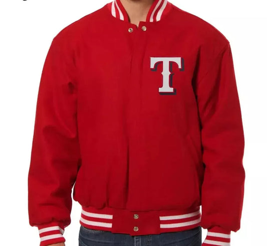 Men Letterman Texas Rangers Red All Wool Varsity Jacket - MLB