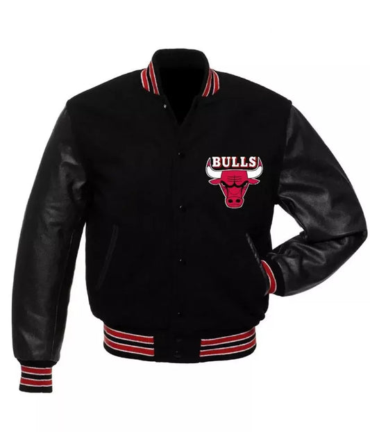 Chicago Bulls Black Varsity Jacket With Genuine Leather Sleeves black - NBA
