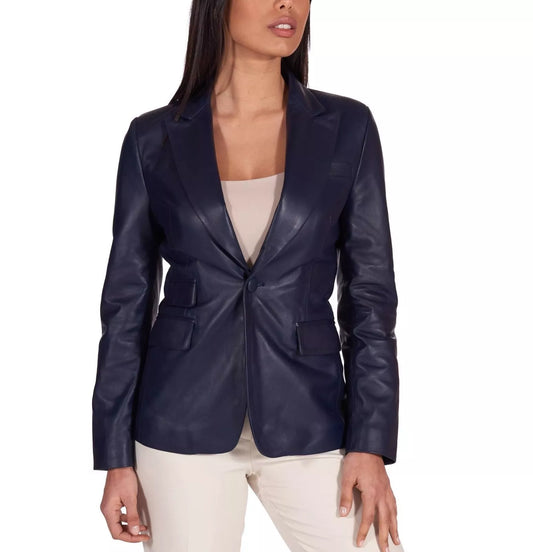 Women Leather Blazer Lambskin Ladies Trench Biker Kim Fit-Blue