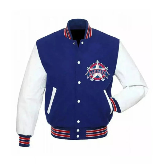 New Texas Rangers Letterman Varsity Jacket - Blue & White with Leather Sleeves - MLB