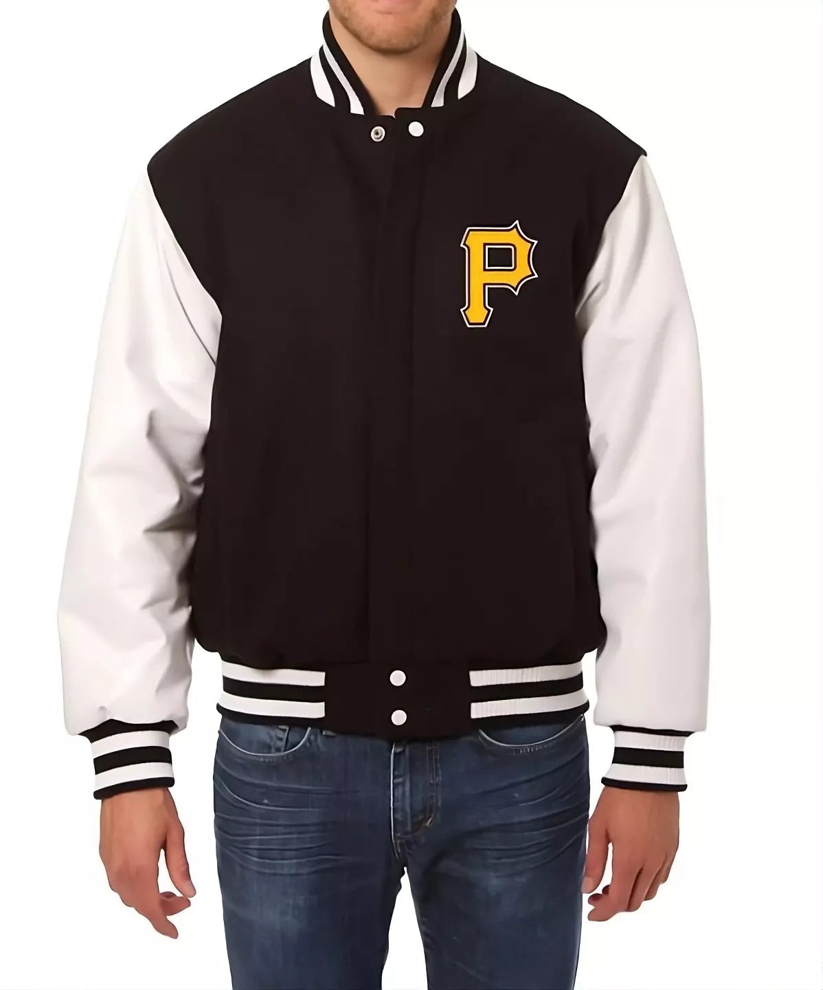 Men Pittsburgh Pirates Letterman Varsity Jacket with Leather Sleeves - Black & White - MLB