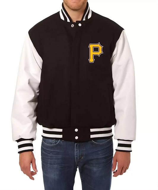 Men Pittsburgh Pirates Letterman Varsity Jacket with Leather Sleeves - Black & White - MLB