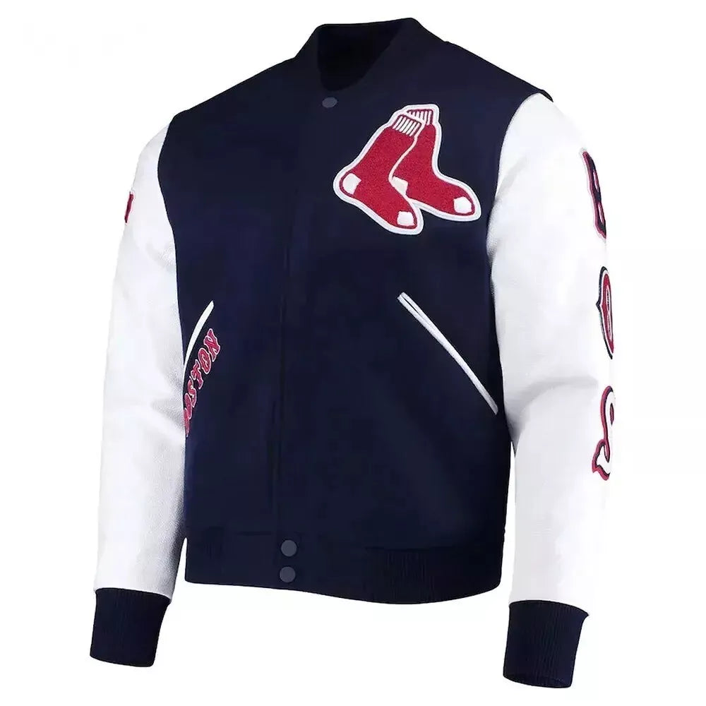 Boston Red Sox Letterman Varsity Jacket NAVY BLUE WOOL & WHITE LEATHER Sleeves
