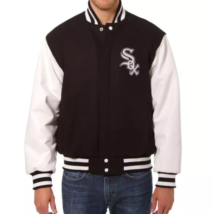 Chicago White Sox Letterman Varsity Jacket Black  Genuine Leather Sleeves - MLB