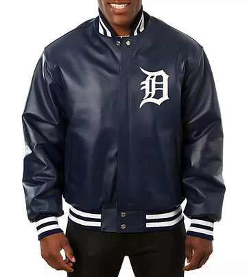 Men Letterman Detroit Tigers Logo Varsity Jacket Genuine Sheep Leather Baseball-MLB