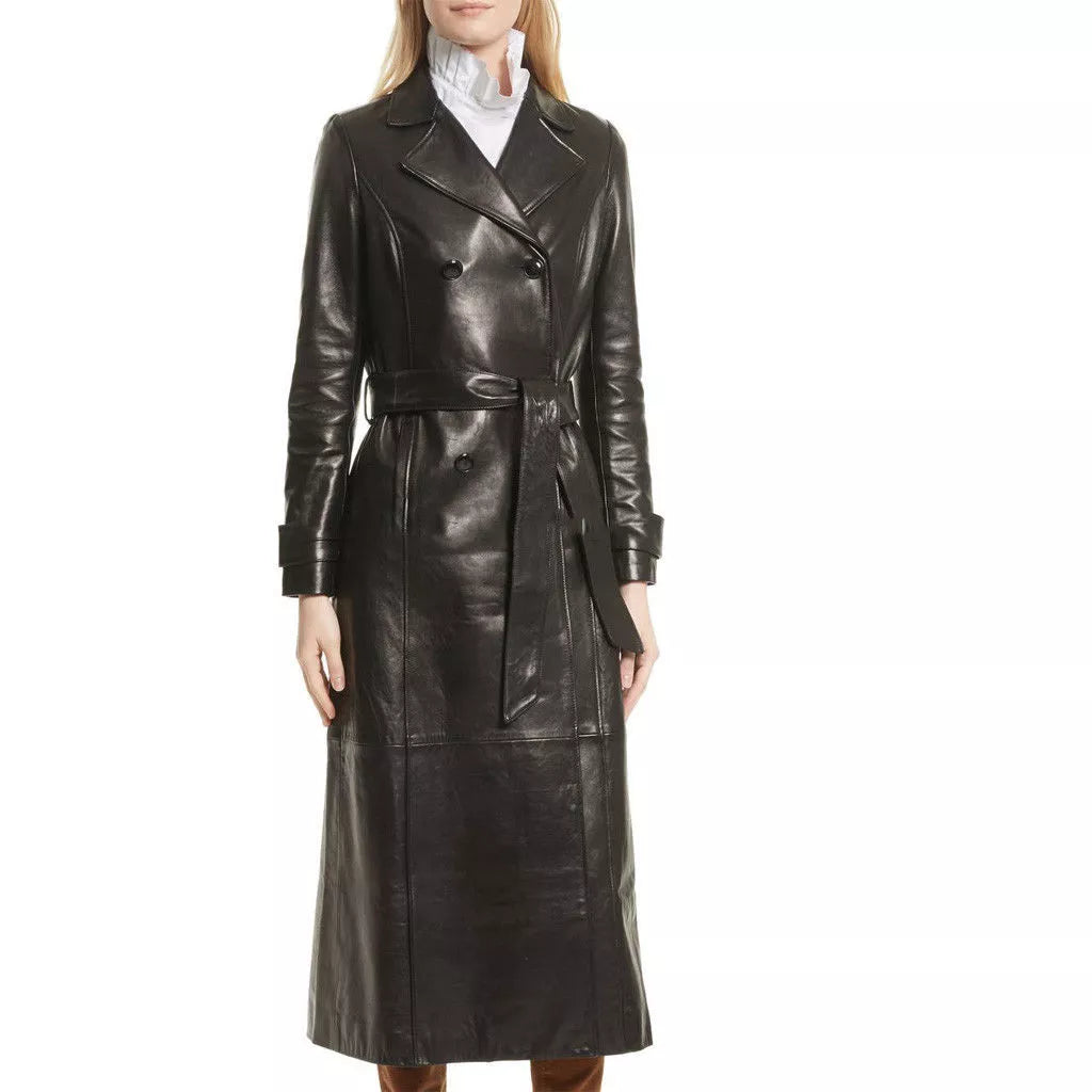 Black Leather Trench Coat Women's Genuine Lambskin Long Overcoat Winter Jacket