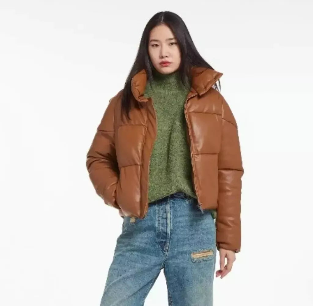 Women Vegan Leather Mocha Brown Puffer Jacket