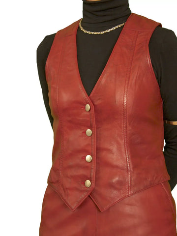 Red Genuine Women Leather Sheepskin Vest