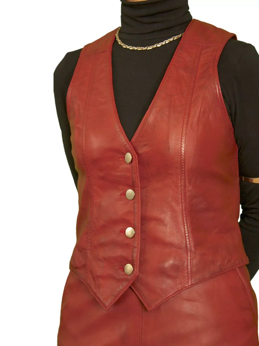 Red Genuine Women Leather Sheepskin Vest