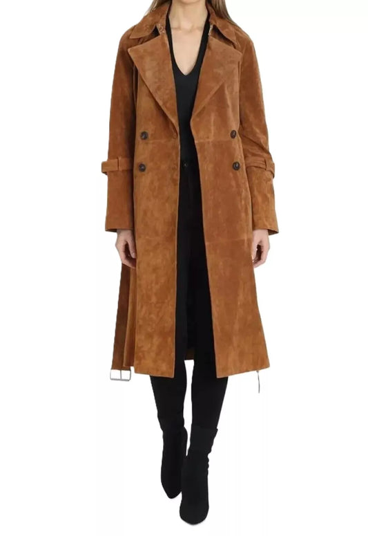 Women's 100% Pure Suede Leather Trench Coat Soft Suede Long Coat Winter Jacket