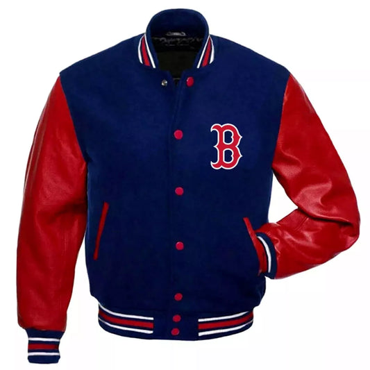 Men Boston Red Sox Letterman Varsity Jacket Blue Wool & Red Genuine Leather Sleeves - MLB