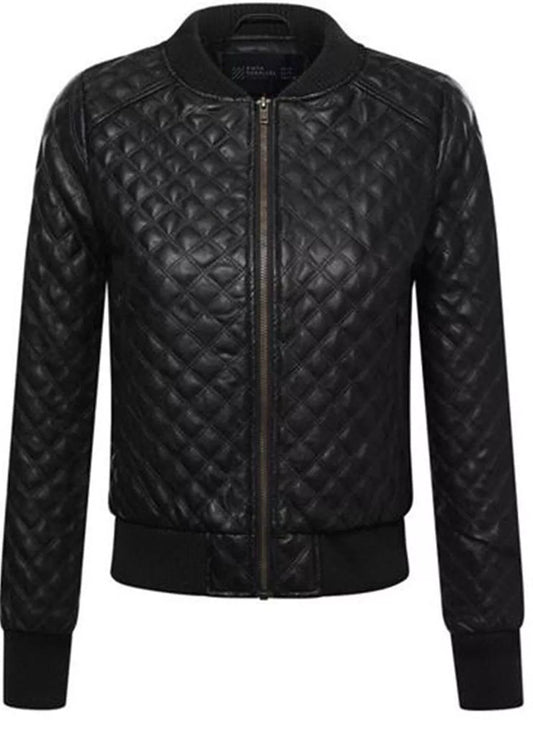 Women Black Leather Puffer Jacket Genuine Napa Leather Quilted Bomber Jacket