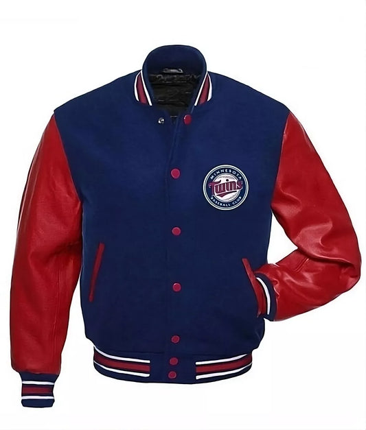 Men Minnesota Twins Navy Letterman Varsity Jacket With Red Genuine Leather Sleeves - MLB